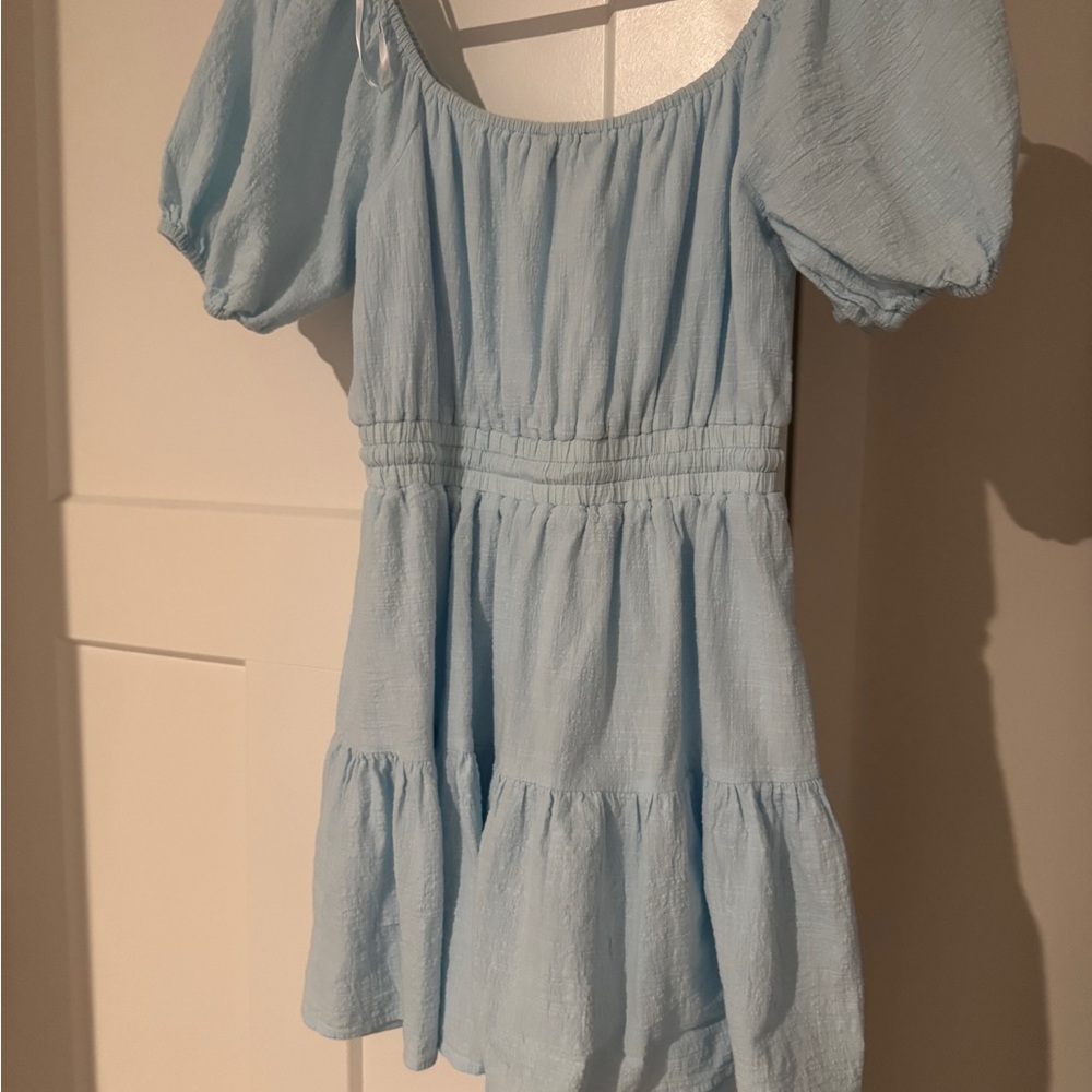 Lulus Sunny Day Feeling Light Blue Tiered Puff Sleeve Mini Dress - Size S - Picture 3 of 5